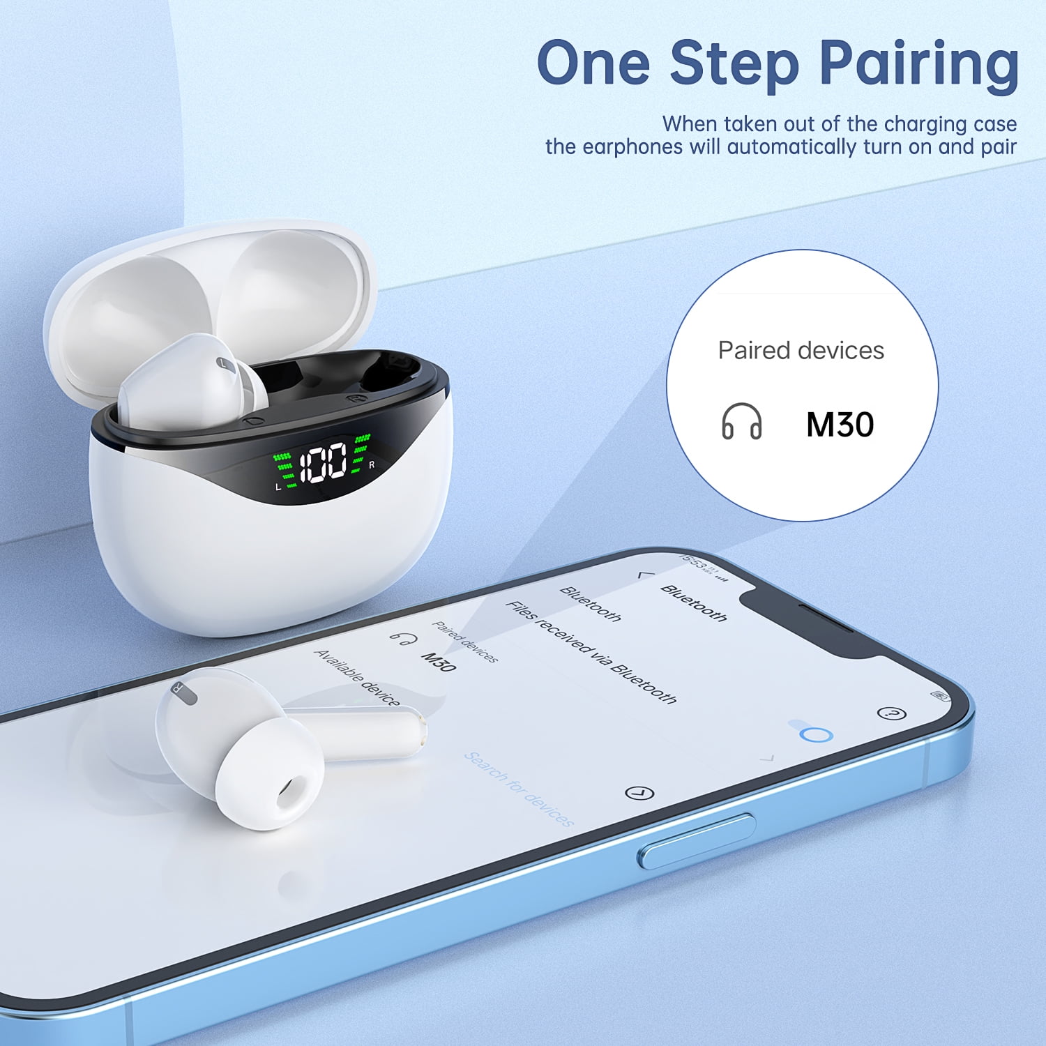 Wireless Earbuds, Bluetooth 5.1 Headphones 30Hrs Playtime with USB-C Fast Charging Case, IPX7 Waterproof Earphones, TWS in Ear Stereo Headset Built-in Mic for iPhone/Android (White)