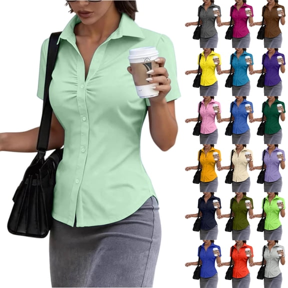 Dwellite Short Sleeve Shirt for Women Button Up Y2k Ruched Tops with Collared Fitted Button Down Shirts 2026 Light Green XL
