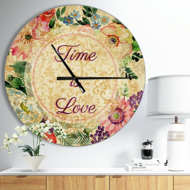 DesignArt Time is Love Pink Floral Large Wall Clock