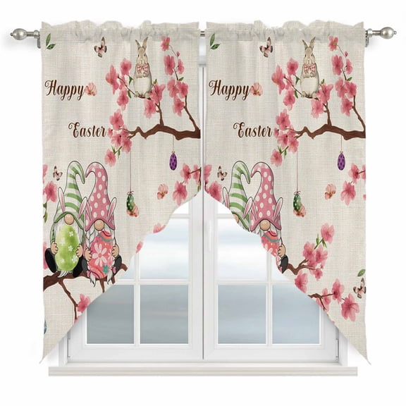 Easter Swag Curtains for Kitchen/Bedroom/Living Room, Country Spring Gnomes Flowers Colorful Eggs Retro Scalloped Curtains 63 Inch Long, Window Swag Topper Curtains Valances 2 Panels Set 36"x63"