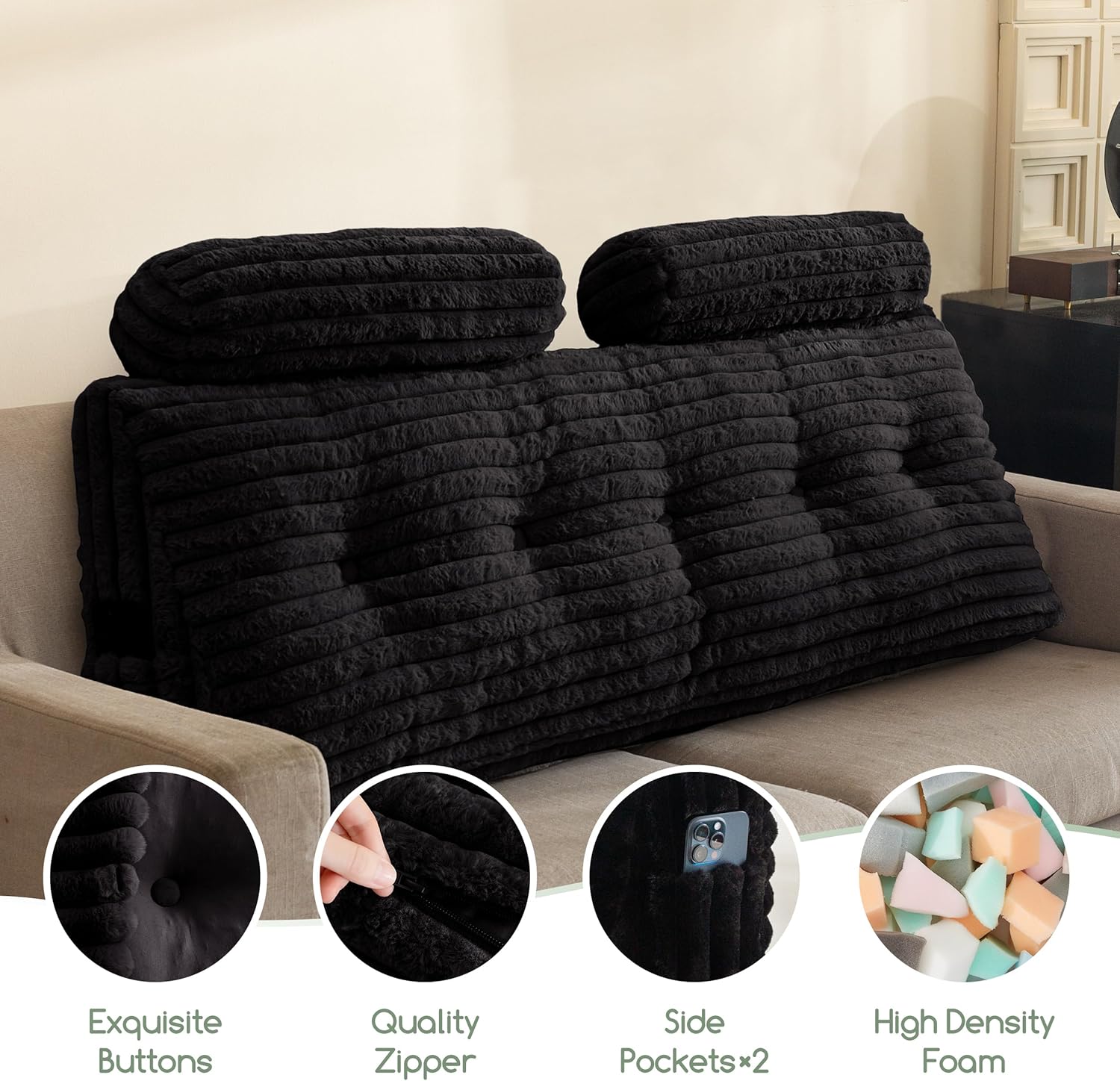 Triangular Headboard Wedge Pillow with 2 Cylindrical Pillows and Memory Foam Filling, Daybed Pillows for Sitting up, Reading or Working with Removable Cover,Queen 59.1"x19.7"