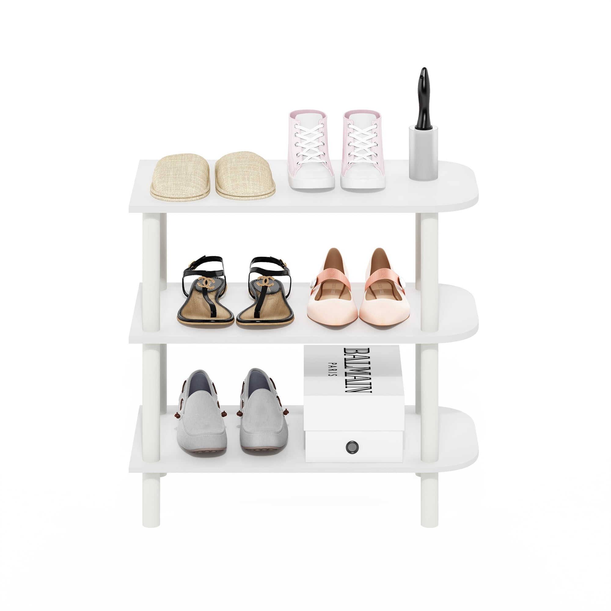 Furinno TURN-N-TUBE 26-Inch 3-Tier Curved Freestanding Shoe Rack White/White