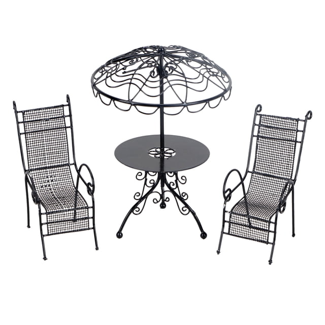 Juego de 3 mesas y sillas en miniatura a escala 1/12 para jardín al aire libre, modelo de mesa y silla de metal para ocio (negro)