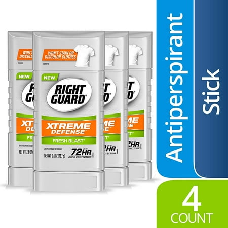 Right Guard Xtreme Defense Antiperspirant Deodorant Invisible Solid Stick, Fresh Blast, 2.6 Ounce (4 Count)