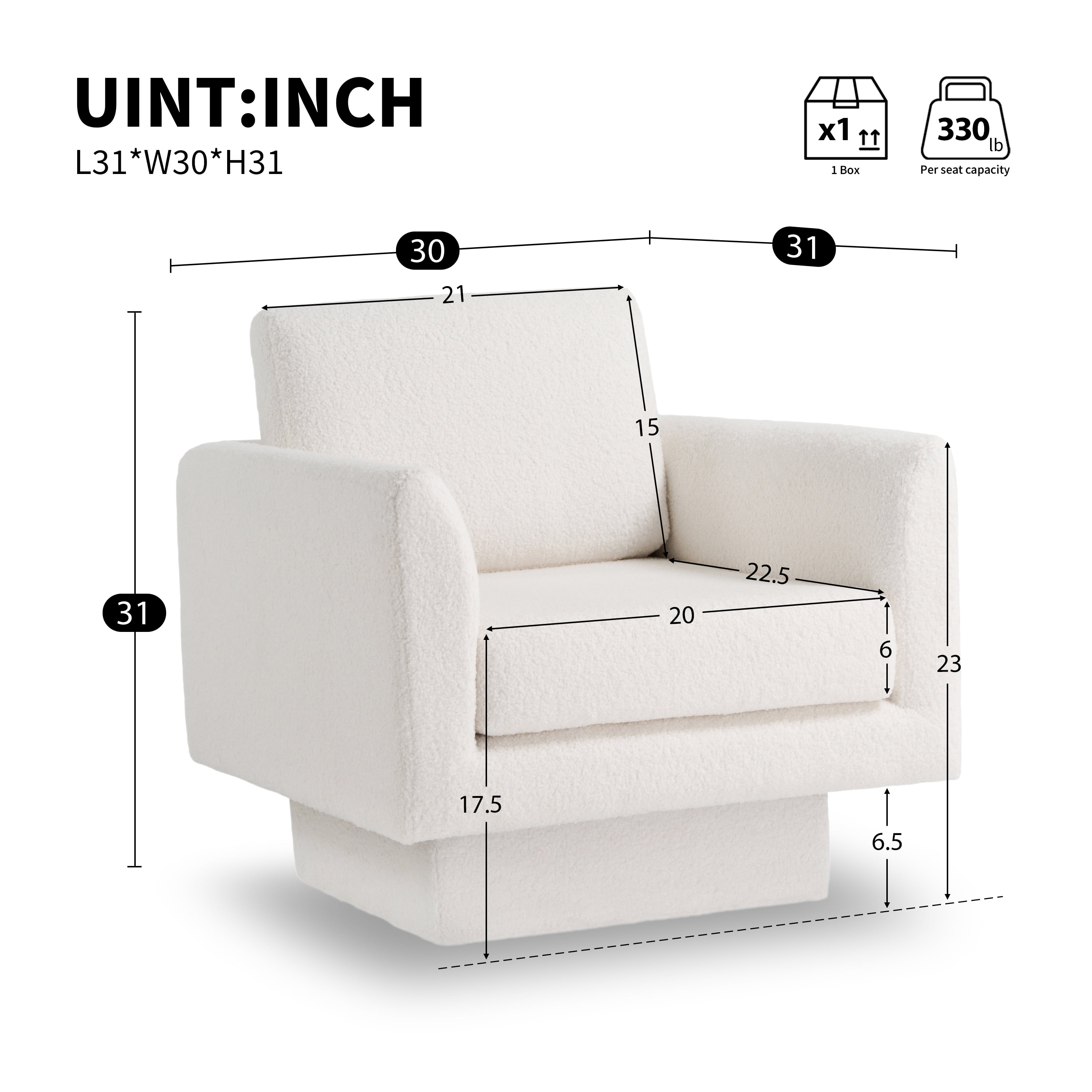 EUROCO 30" W Oversized 360° Swivel Accent Chair,Comfy Round Armchair with Teddy Sherpa Fabric,Solid Wood Frame and Upholstered Deep Seat,Thick Padded Arm Chair for Living Room/Nursery/Bedroom,Cream