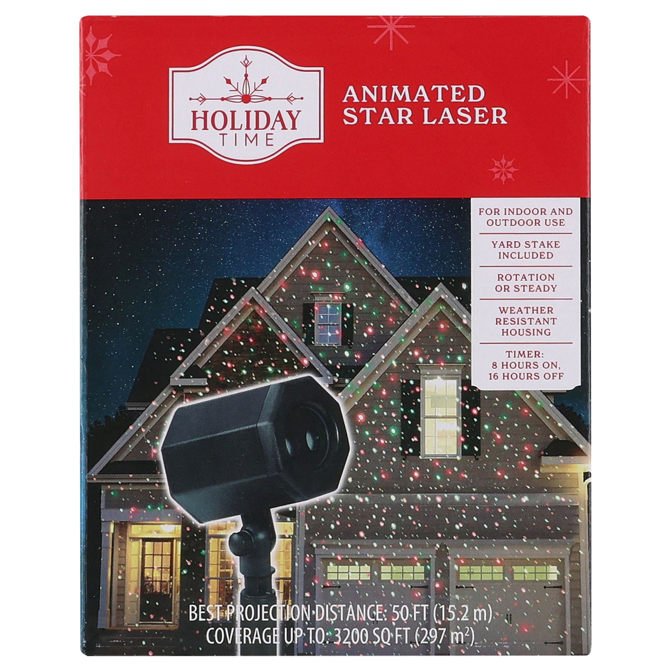 Indoor/Outdoor LED Animated Star Laser Christmas Projector Light, Red/Green, 3,200 sq ft, by Holiday Time