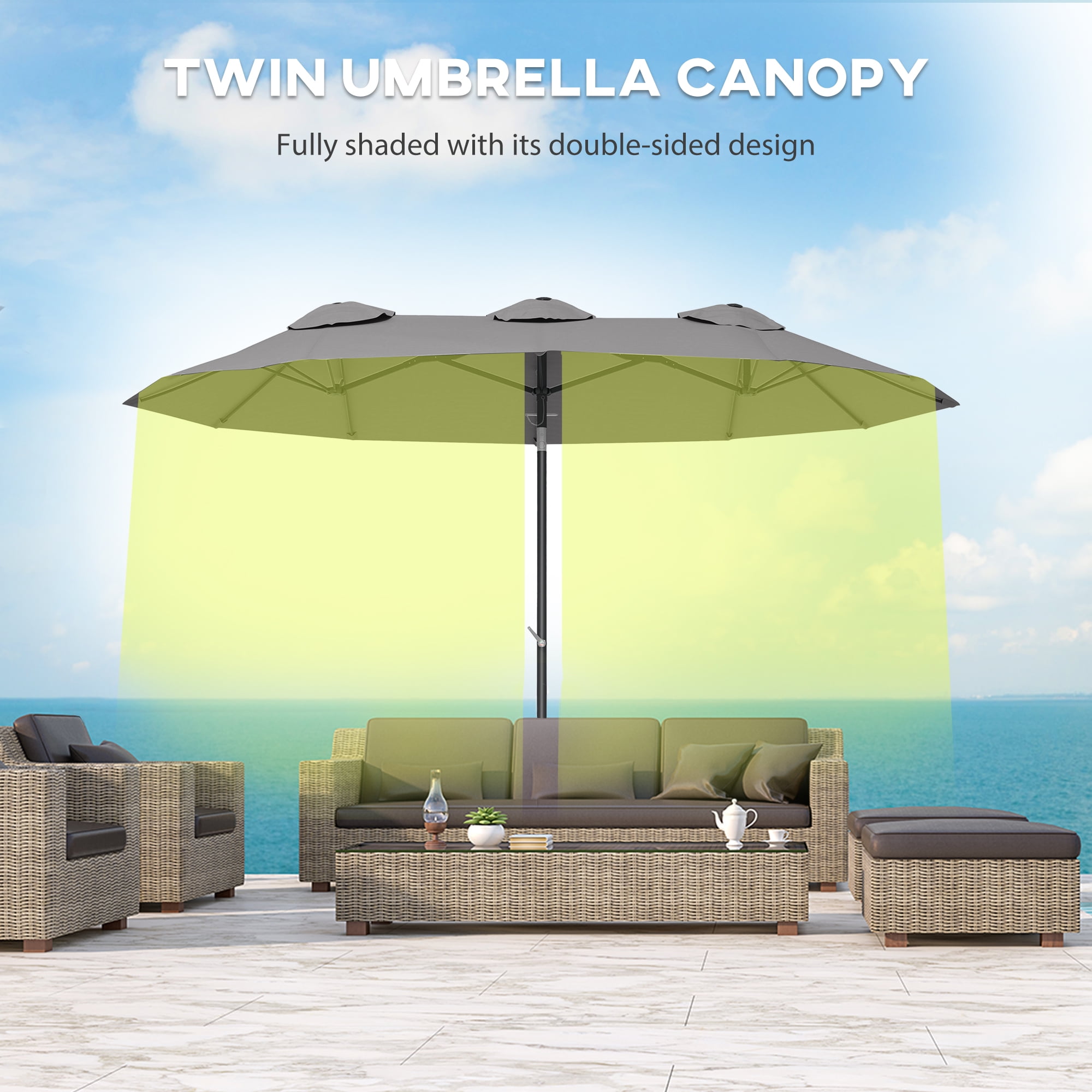 Outsunny 9.5' Double-sided Patio Umbrella with Tilt Outdoor Umbrella, Grey