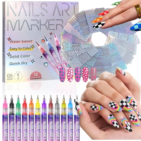 12pcs Press-Type Nail Art Pen Set, 0.5mm 3D Nail Polish Pens   24 Reusable Template Stickers, Quick-Dry Acrylic Paint Nail Art Markers, Dotting Doodle Tools for Nail Art Design, Home DIY