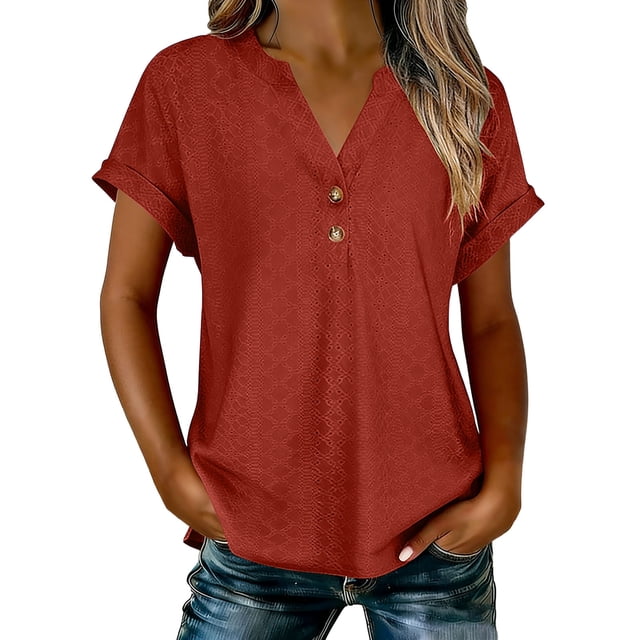Abcnature Haut à Boutons à Col en V pour Femmes, Blouse Texturée à Manches Courtes, Chemise Décontractée Unie pour Dames