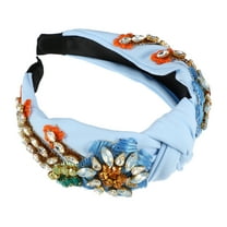 Unique Bargains 1 Pc Bling Rhinestone Headband Vintage Flowers Rhinestone Blue Flannel Wide Edge Headband 4.92"x1.77"