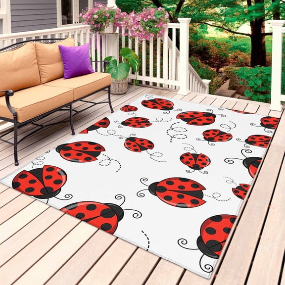 Red Ladybugs Outdoor Rug 5x8 Ft, Non Slip Washable Area Rug, Animal Themed Spring Summer Rustic Patio Rugs Carpet Runner, Large Floor Mat for Indoor/Outdoor Deck Porch Camping