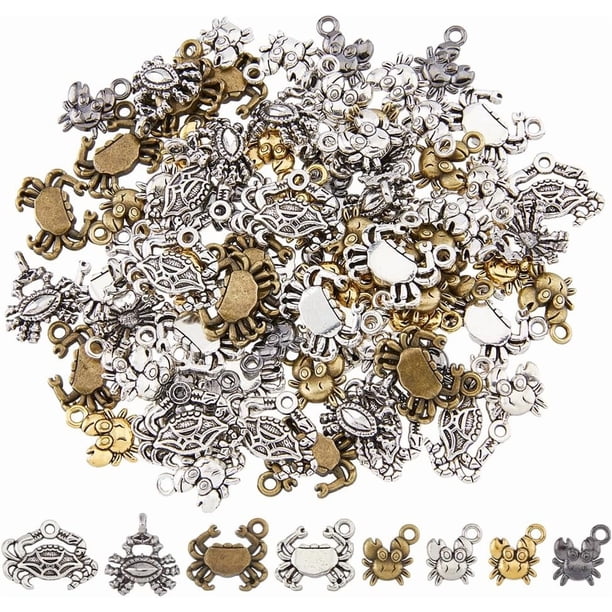 80 piezas de dijes de cangrejo de 8 estilos, pequeños dijes de cangrejo plateados, colgantes tibetanos de aleación, dijes marinos a granel para hacer collares y joyas. Agujero: 1,6-2 mm.