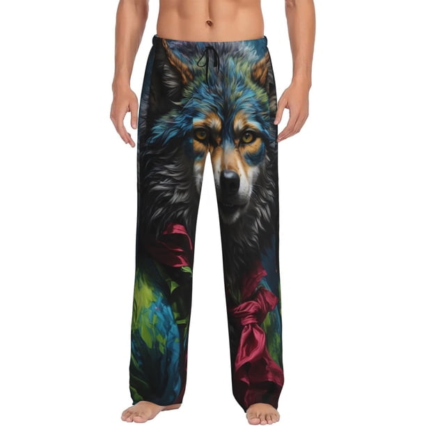 Fotbe Vintage Wolf Warrior Pantalones de Pijama para Hombre, Pantalones de Dormir, Pantalones de Casa con Cintura Ajustable y Bolsillos-Medium