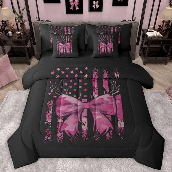 Manfei Retro Pink Bowknot Twin Bedding Sets 7-Piece for Girl, Western American Flag Bedding Comforter Set, Camo Abstract Ombre Reversible Sheet Sets, Breathable Home Decor