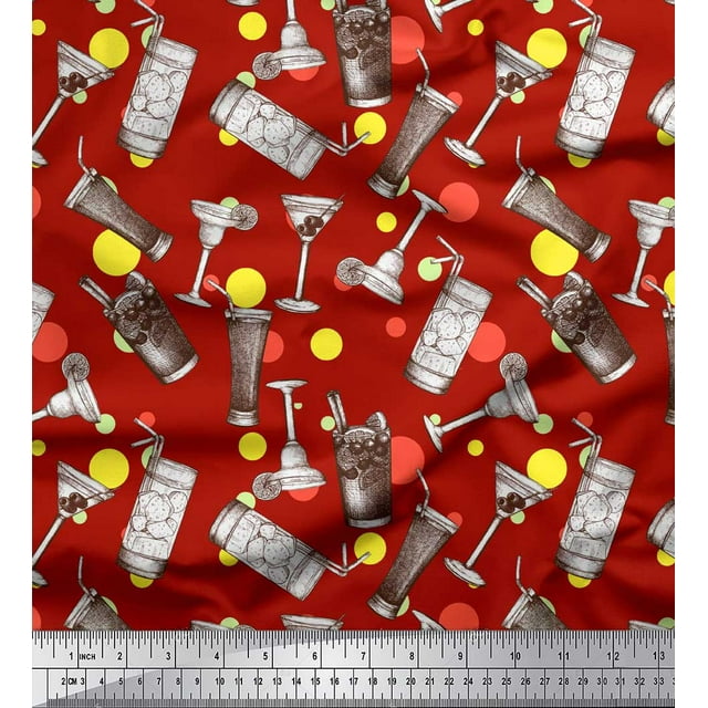 Soimoi Red Poly Georgette Fabric Dot & Soft Drinks Summer Designs Printed Craft Fabric by the Yard 52 Inch Wide