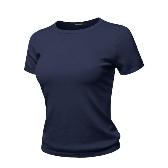 FashionOutfit Women's Classic Solid Round Neck Short Sleeve Viscose Knit Sweater Top