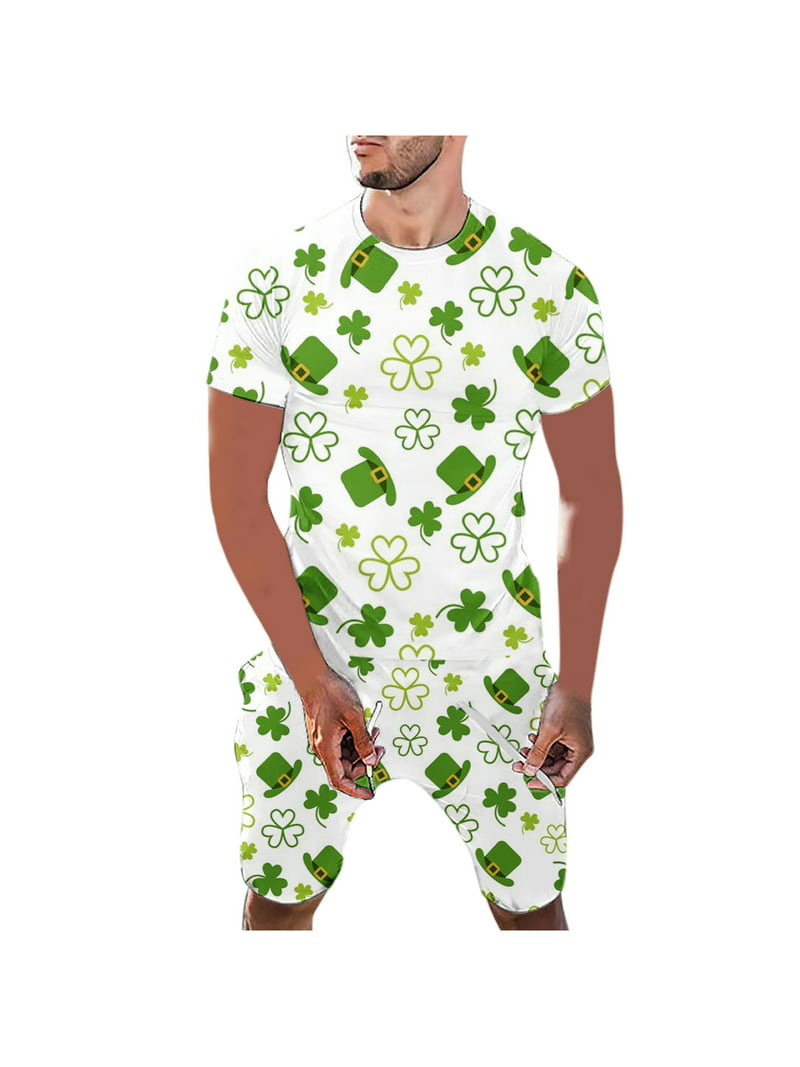 SOOMLON Men's St. Patrick's Day Shirt and Shorts Set Ireland Green Outfits Casual Plus Size Athletics Suits 2 Piece Tracksuits Round T Shirt Short Sleeve Blouse Shorts White L -