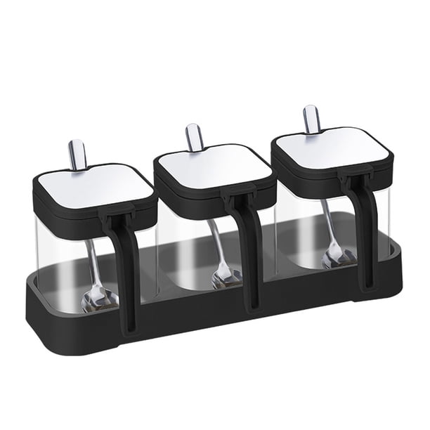 Cateissary Caja de almacenamiento de cocina para el hogar, botella de vidrio transparente, bandejas fijas, botella de condimentos de alta Cocina y Comedor traje negro