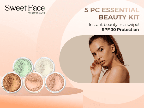 5pc KIT Mineral Makeup Bare Face Set Full Coverage Concealer Blush Foundation Illuminating Powder (Deep Tan)