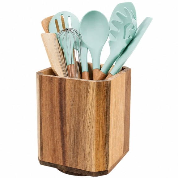 Wood Utensil Holder, 360° Rotating Acacia Wood Organizer, Large Kitchen Counter Caddy for Spoons & Spatulas, Rustic Farmhouse Decor