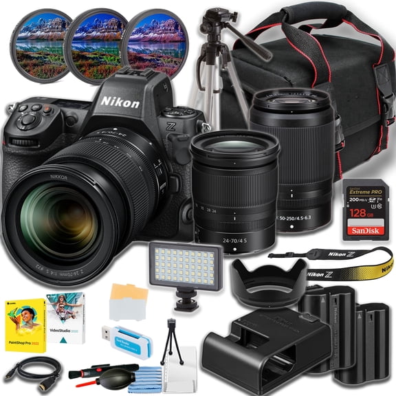 Nikon Z8 Mirrorless Camera w/ 24-70mm f/4 and Z50-250mm Lens   Sandisk 128GB Extreme Memory Card   Directional Mic   50" Tripod   More (19pc Bundle)(Video Creator Kit Bundles) (International Version)