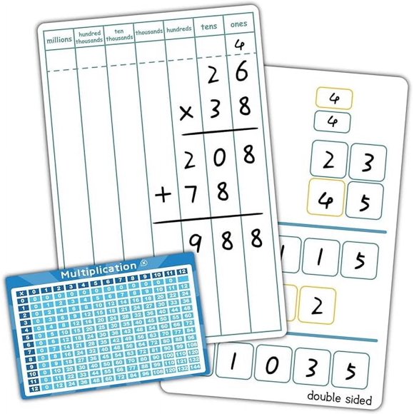 Dry Erase Long Multiplication Practice White Board, 8" x 12" Double Sided 2-digits Multiplication Board with a 4" x 2.5" Multiplication Chart Board for Kids Students, Classroom and Home, Math Center