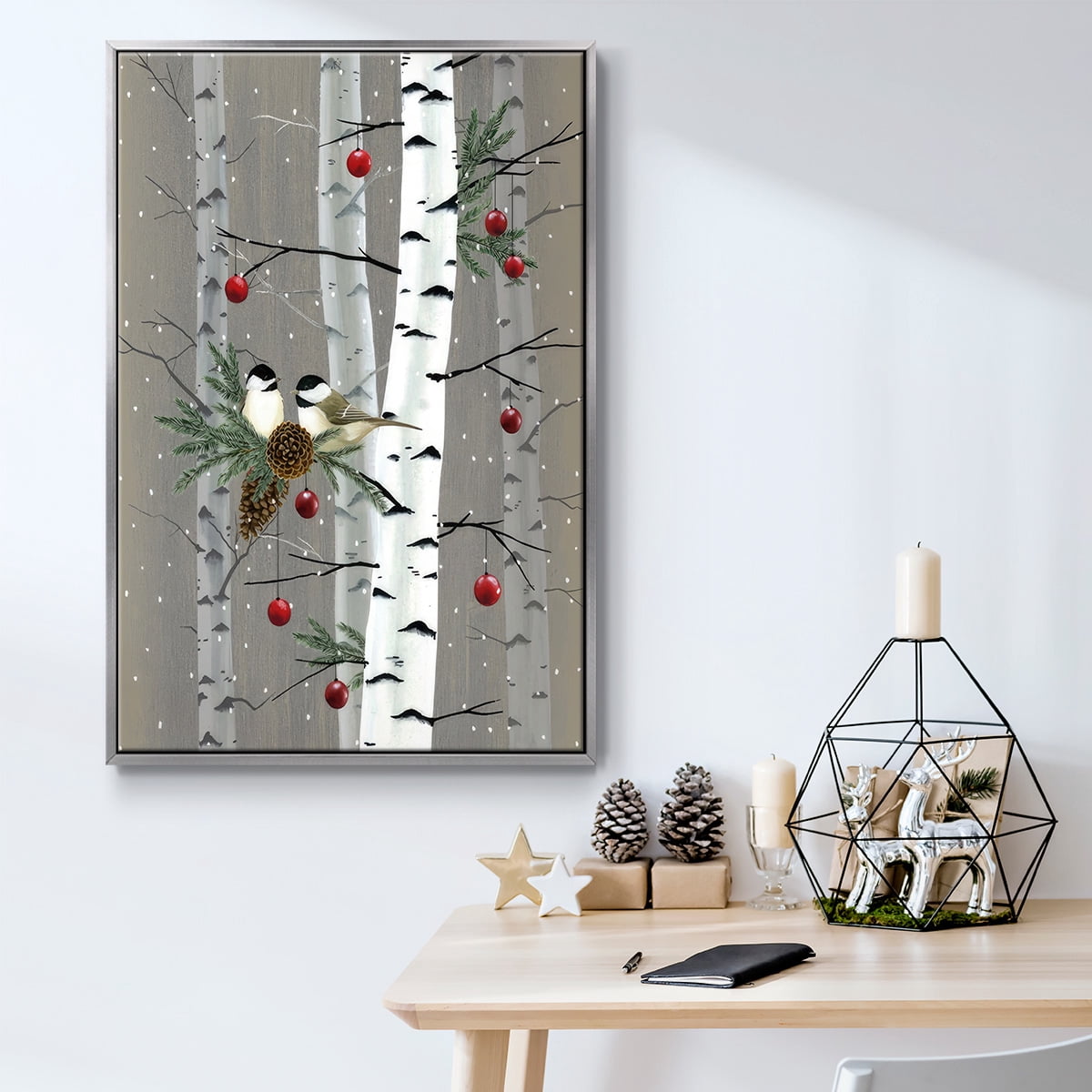Birch Birds II - Framed Gallery Wrapped Holiday Canvas - 17 x 25 - Silver Frame