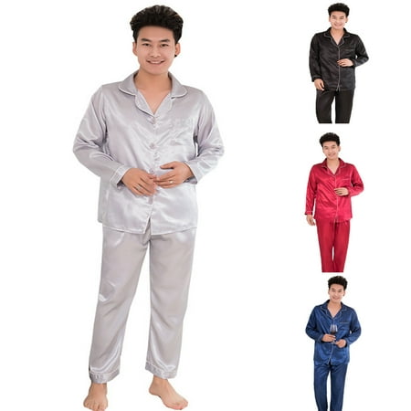 

Cheers.US Men Faux Silk Satin Long Sleeve Sleepwear Pajamas Set Loungewear Night Gown