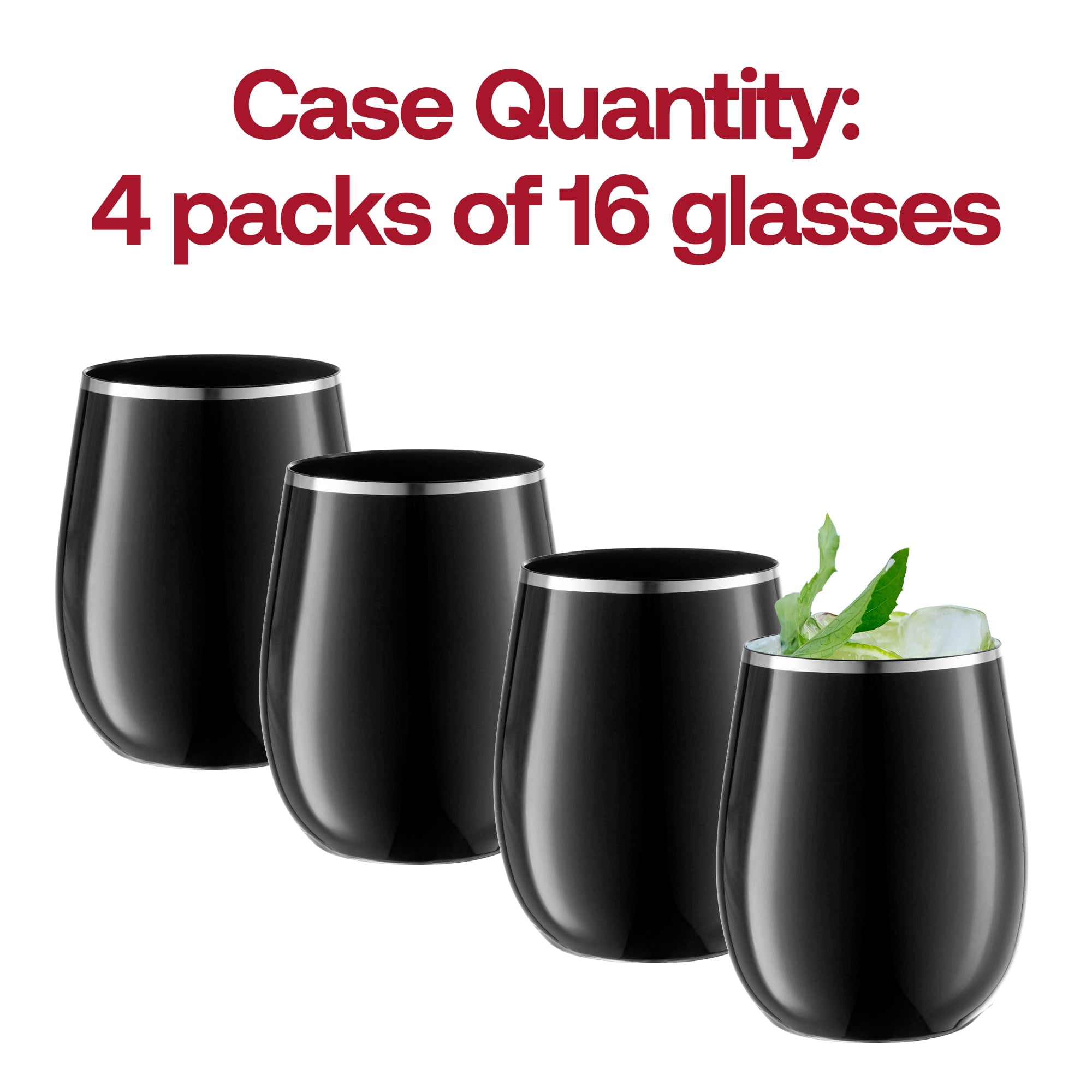 Smarty 12 oz. Black with Silver Elegant Stemless Plastic Wine Glasses 64ct