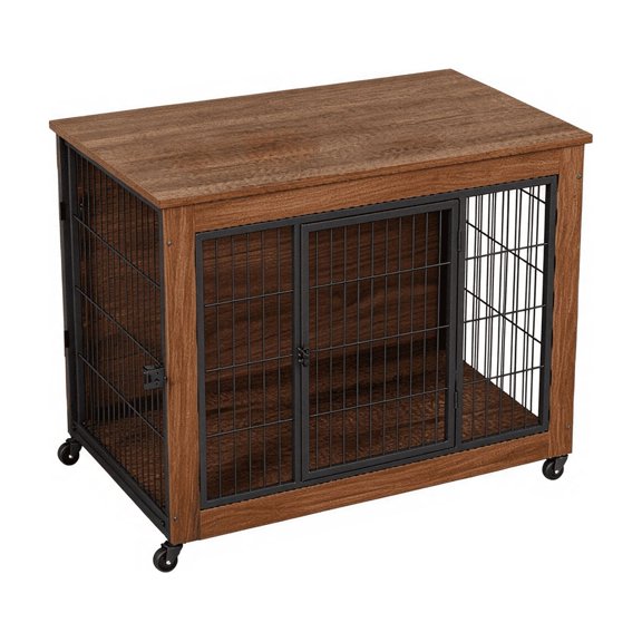 Dog Crate Furniture with Wheels, Wooden Indoor Pet Kennel End Table, Heavy Duty Double Door Metal Dog Cage with Brake Casters, Ventilated Safe Crate for Small & Anxious Dogs