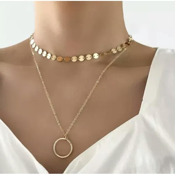 K-KED Women's Fashion Delicate Jewelry Gold Double Layer Circle Pendant Necklace