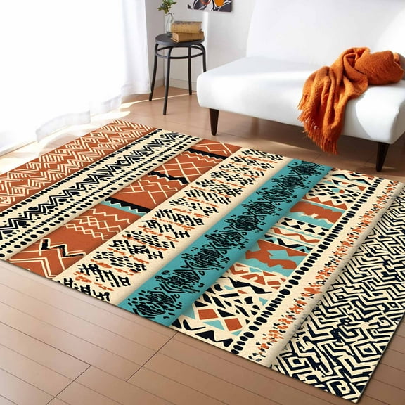 Area Rugs Indoor Non-Slip Rectangle Rug 2x3 Ft Bohemian Teal Orange Floral Geometric Texture Ethnic Art Rug Rubber Backing Floor Mats Non Shedding Home Decor Carpet for Entryway Living Room