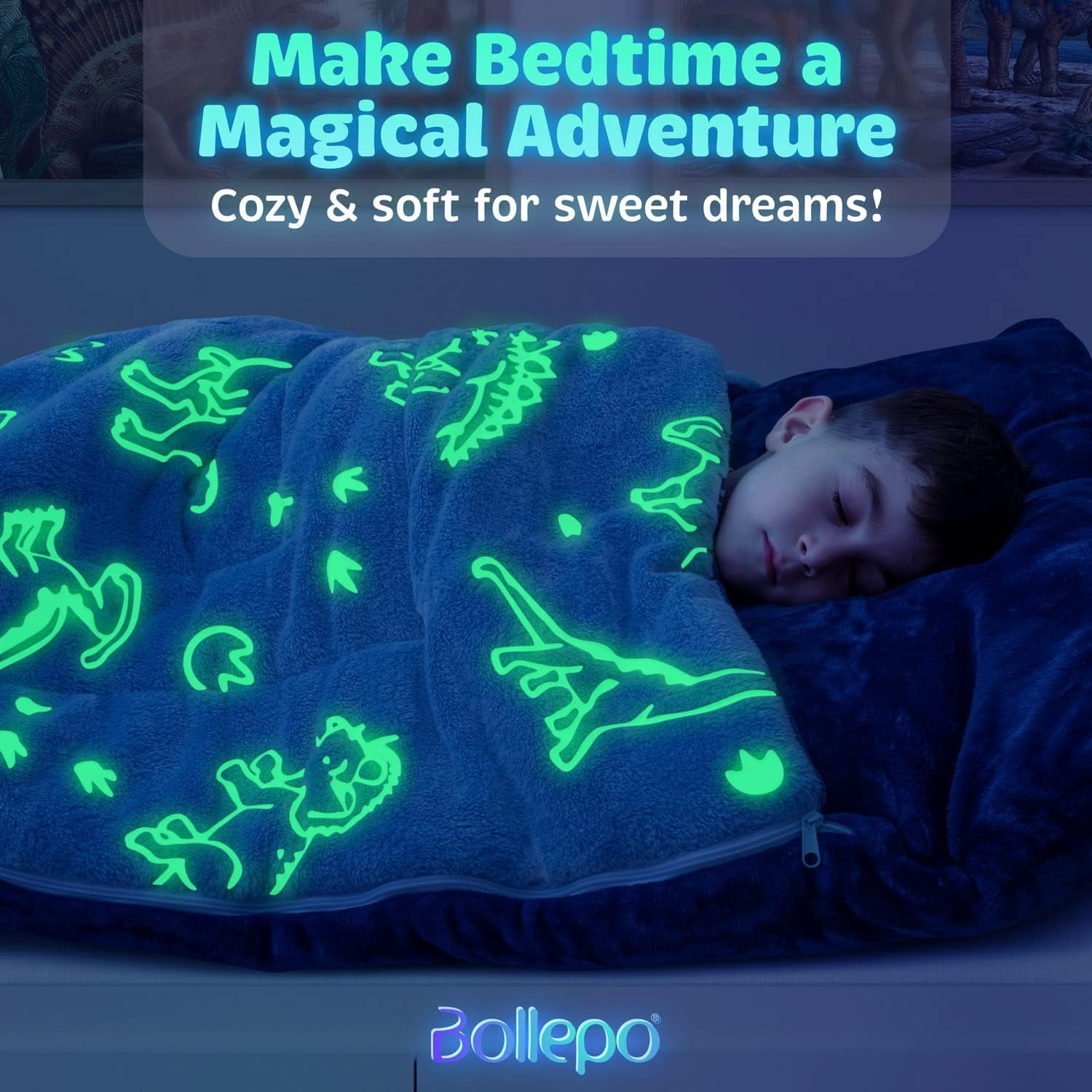 Sleeping Bag for Boys with Glowing Dinosaurs, Super Soft Sleep Bag for Boys (66'' x 33")