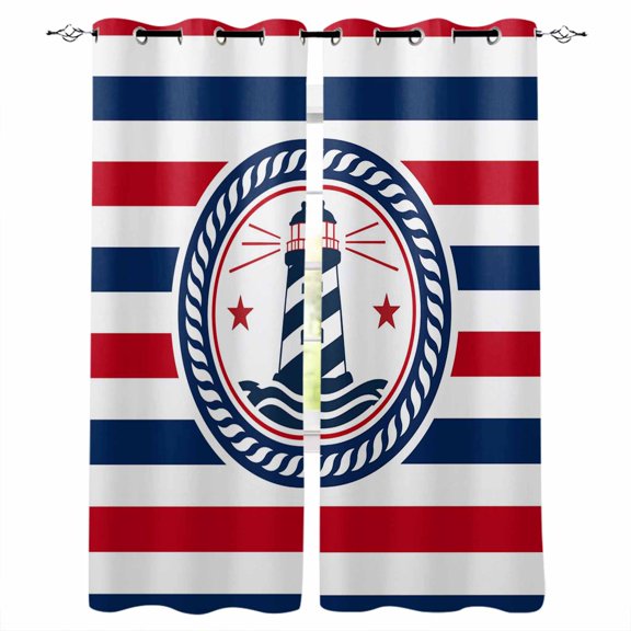 Red Blue Striped Blackout Curtains Light Blocking Print Window Curtains, Modern Lighthouse Coastal Nautical Stripe Thermal Insulated Window Drapes for Living Room Kitchen (2 Panels, 55"W x 39"L)