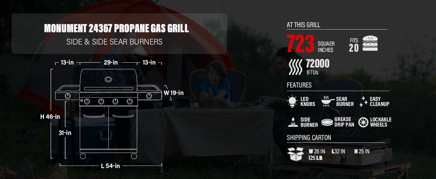 Monument Grills 4-Burner Propane Gas Grill in Stainless with LED Controls, Grill Cover, Side and Side Sear Burners