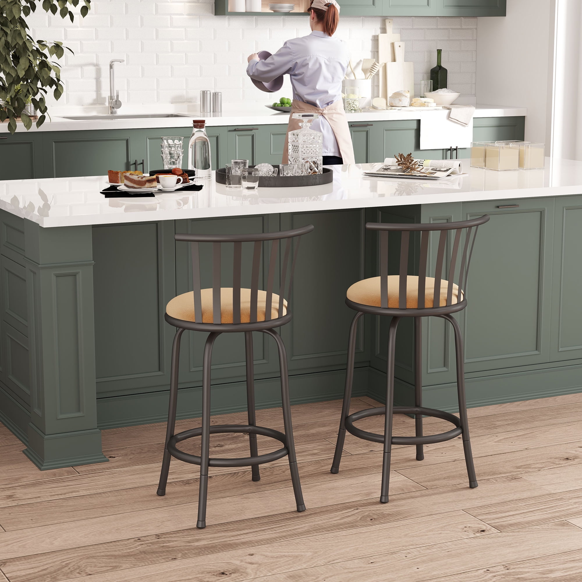 Homy Casa 2 Pack Industrial Swivel Barstools with Adjustable Height Faux Suede Upholstery