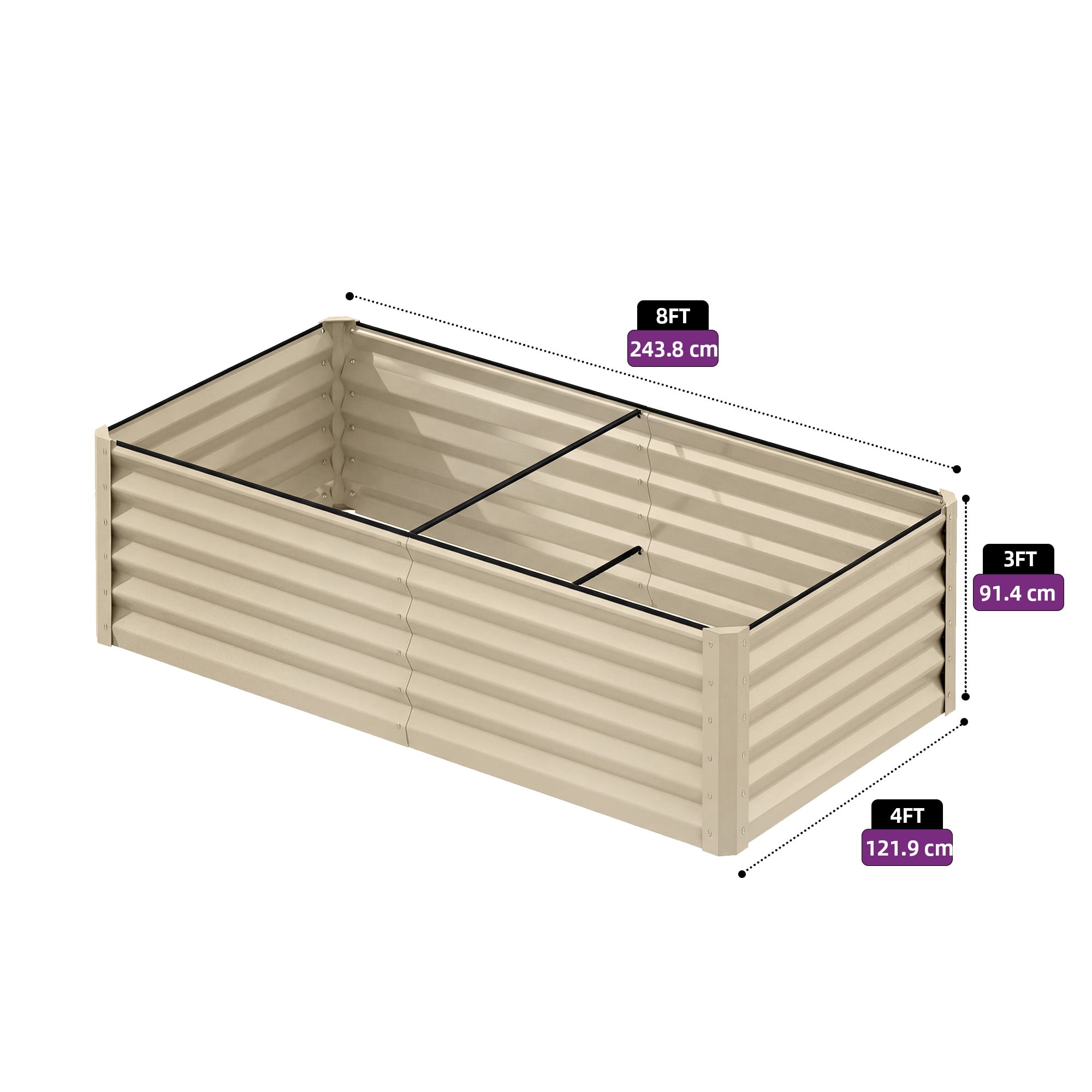 Uforic 8x4x3ft 1 Pack Galvanized Metal Raised Garden Bed Kit with Gloves, Support Rod and Safety Rubber, Cream White