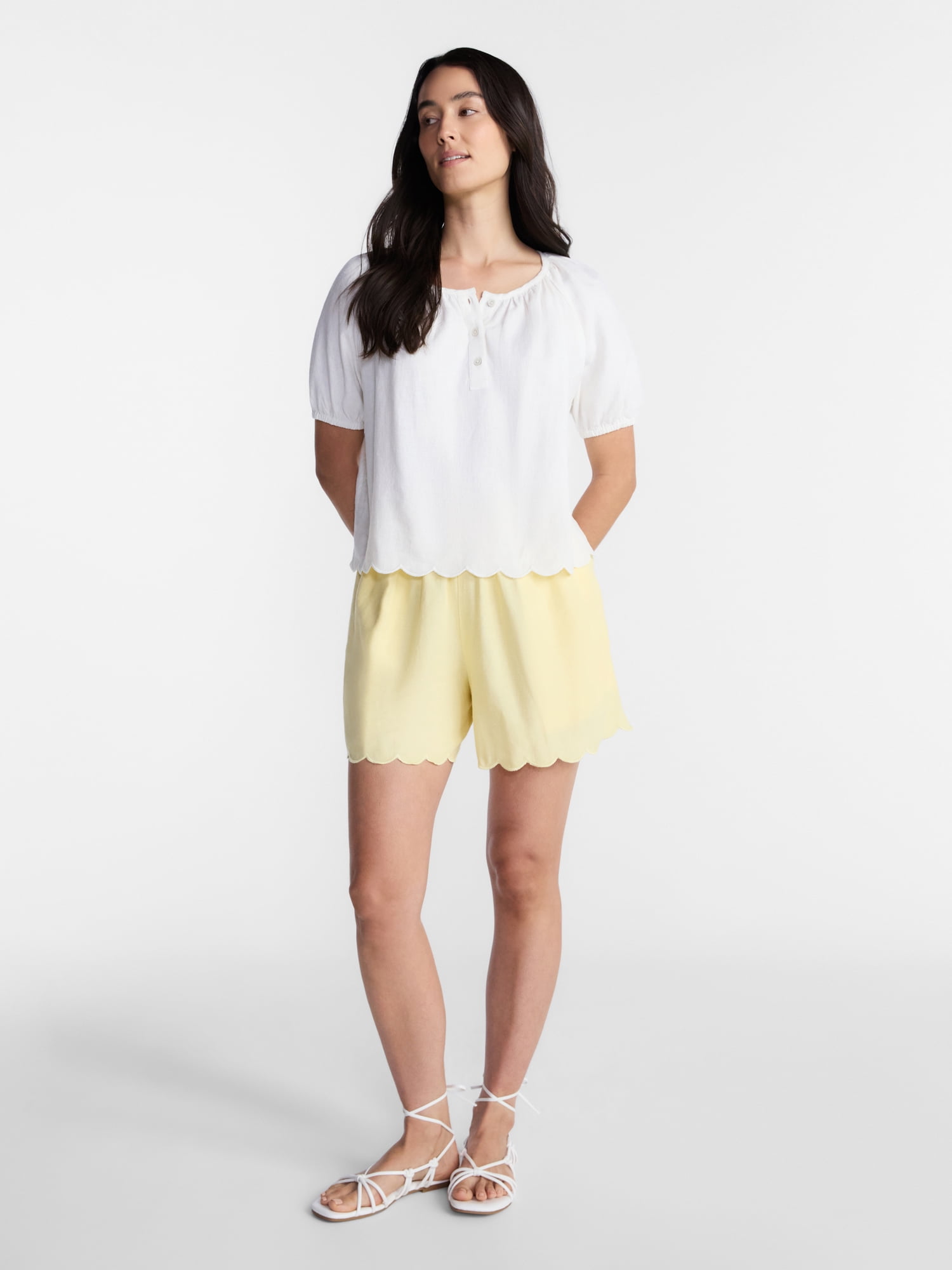 Time and Tru Women's Linen Blend Shorts with Scalloped Hem, Sizes XS-XXXL