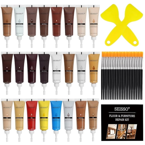 SEISSO Wood Filler 24 Color, Wood Repair Filler Kit with 24 Brushes & 2 Scrapers, Furniture Touch Up Fillers for Scratches, Cratches, Stains on Hardwood Floor, Laminate, Door, Cabinet, Table