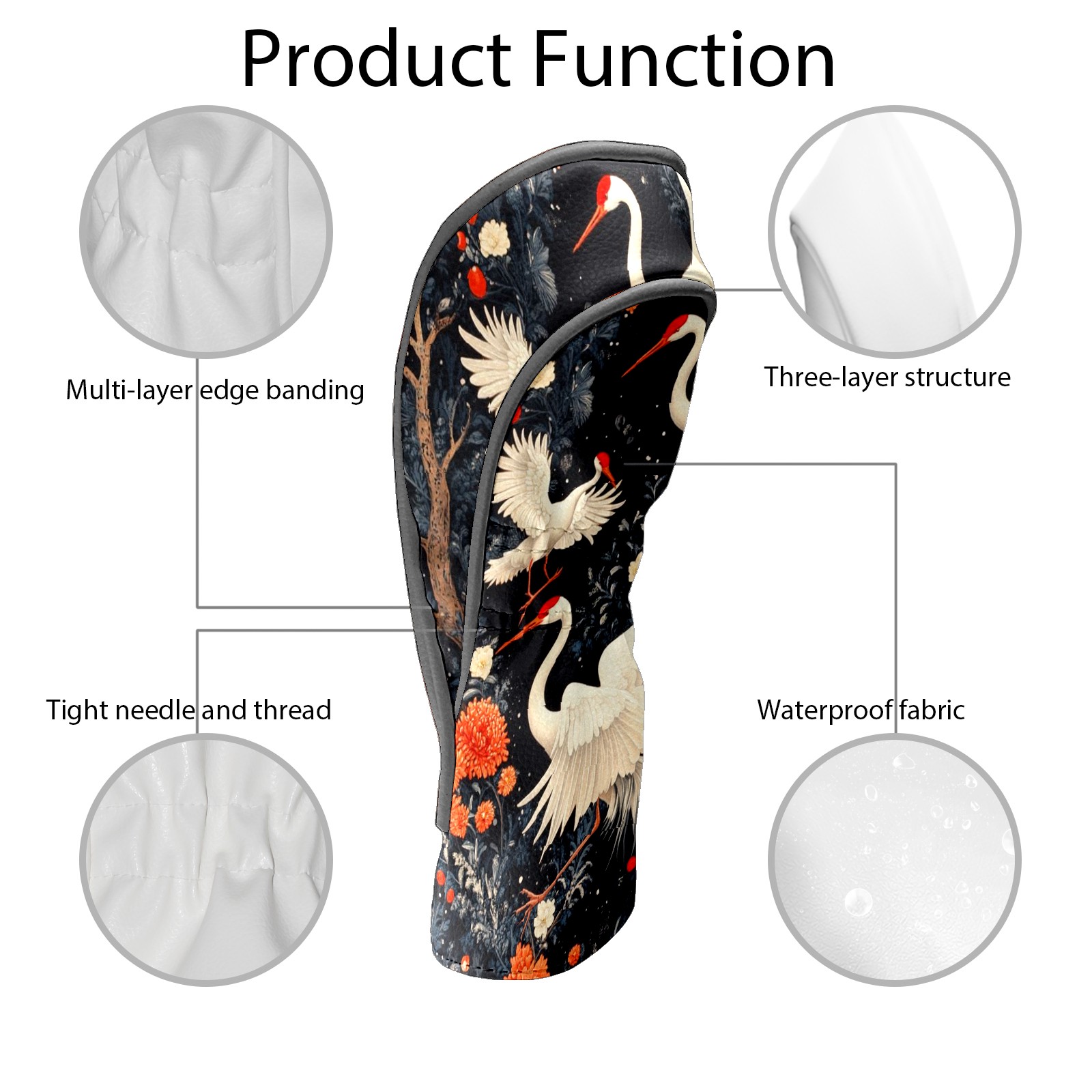 Golf Head Covers - White Crane Design, Premium Waterproof PU Leather, Plush Lining, Fits Driver/Hybrid, Elegant Bird Golf Gift