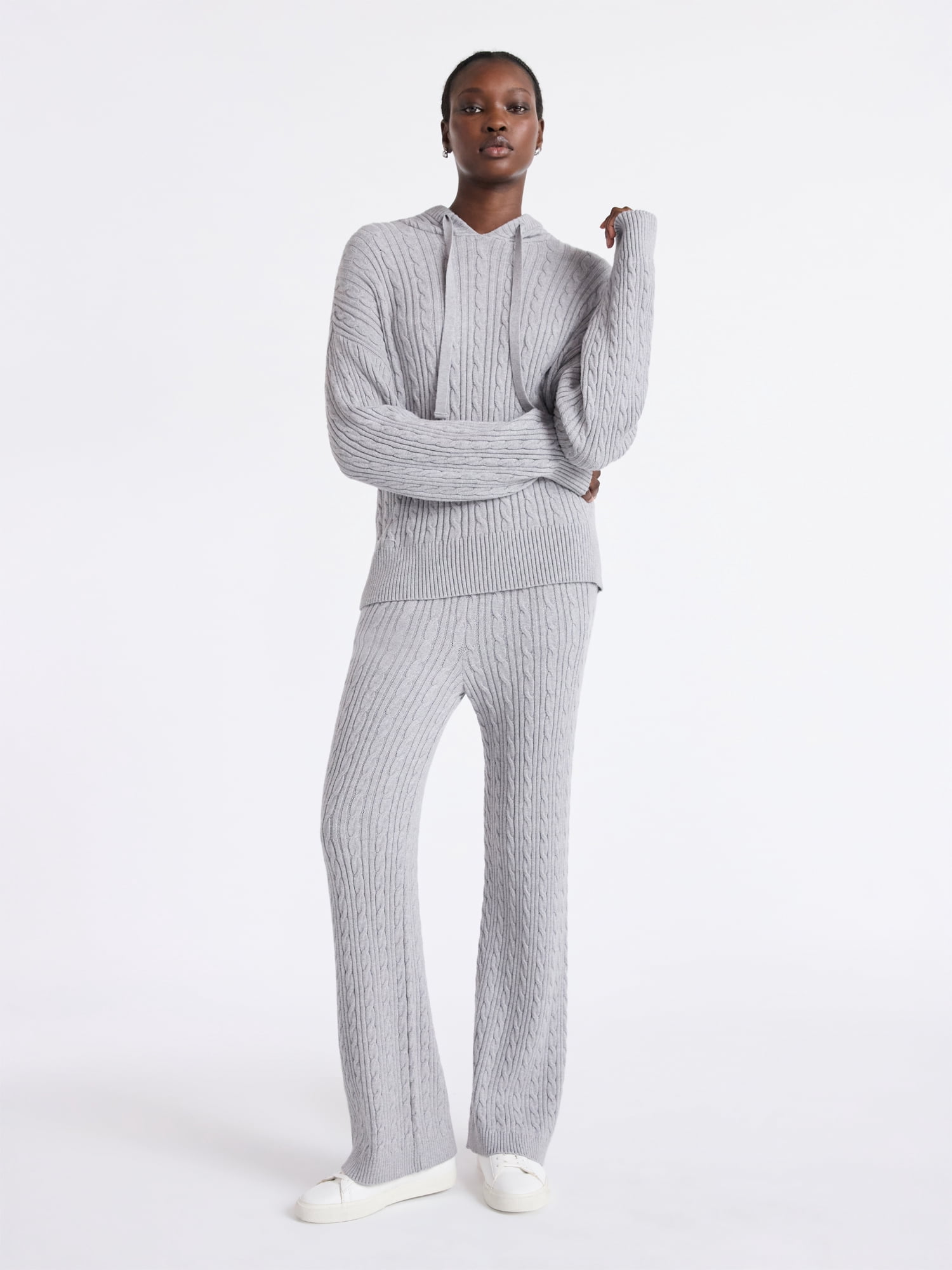 Free Assembly Women's Cozy Yarn Cable Knit Hoodie Sweater, Midweight, Size XS-XXL