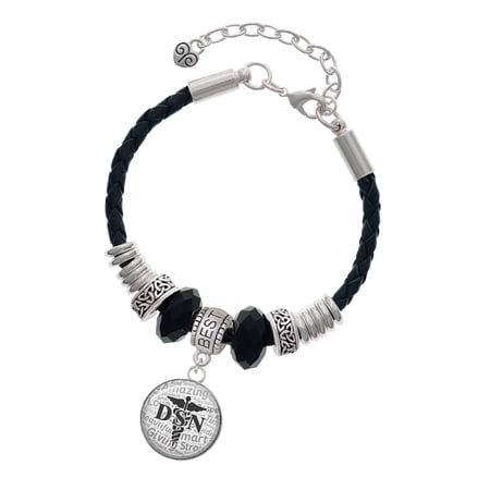 Delight Jewelry Silvertone Domed Black DSN Best Friend Celtic Knot Leather Bead Bracelet, 7"+2" Extender