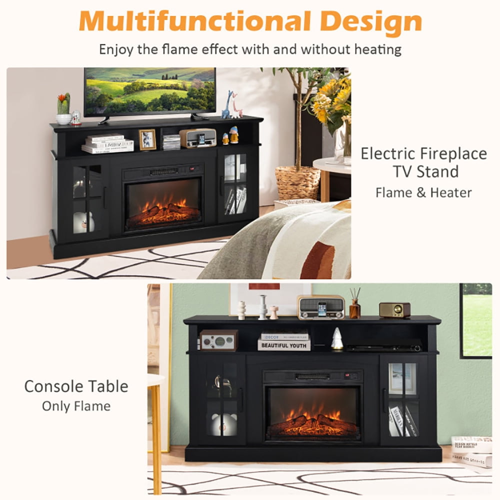 Finihen TV Stand, TV Cabinet, Fireplace TV Stand for TVs Up to 65 Inch with Side Cabinets and Remote Control, for Living Room, Bedroom, Black