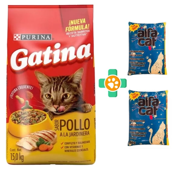 Alimento Para Gato Gatina  de 15 Kg + Arena Alfa Cat de 12 Kg
