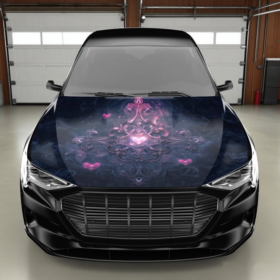 Dreamy Cross& Love Heart Car Hood Wrap- Gothic Purple& Pink Automotive Decoration, Heavy-Duty Vinyl Wrap, Striking Vehicle Look, Self-Adhesive Waterproof PVC Stickers, Scratch-Resistant Finish, Engin