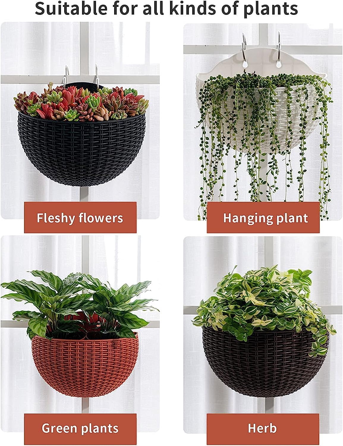 Gixusil 2 Pcs Imitation Rattan Wall Hanging Flower Pot,Semicircle Hanging Planters Outdoor with Drainage Hole and Hooks, Plastic Garden Hanging Basket for Balcony Fence ((Black)