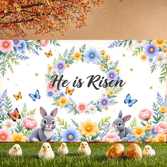Floral Design Easter Banner Bunny Pattern Resurrection Display Butterfly Accent Colorful Spring Backdrop for Easter Celebration Church Event Spring Party