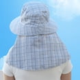 thumbnail image 3 of Women Summer Sun Hat Plaid Print Large Brim Sunscreen Face Guard Hat Shawl Design Outdoor Farm Work Tea Hat-One Size,Blue, 3 of 8