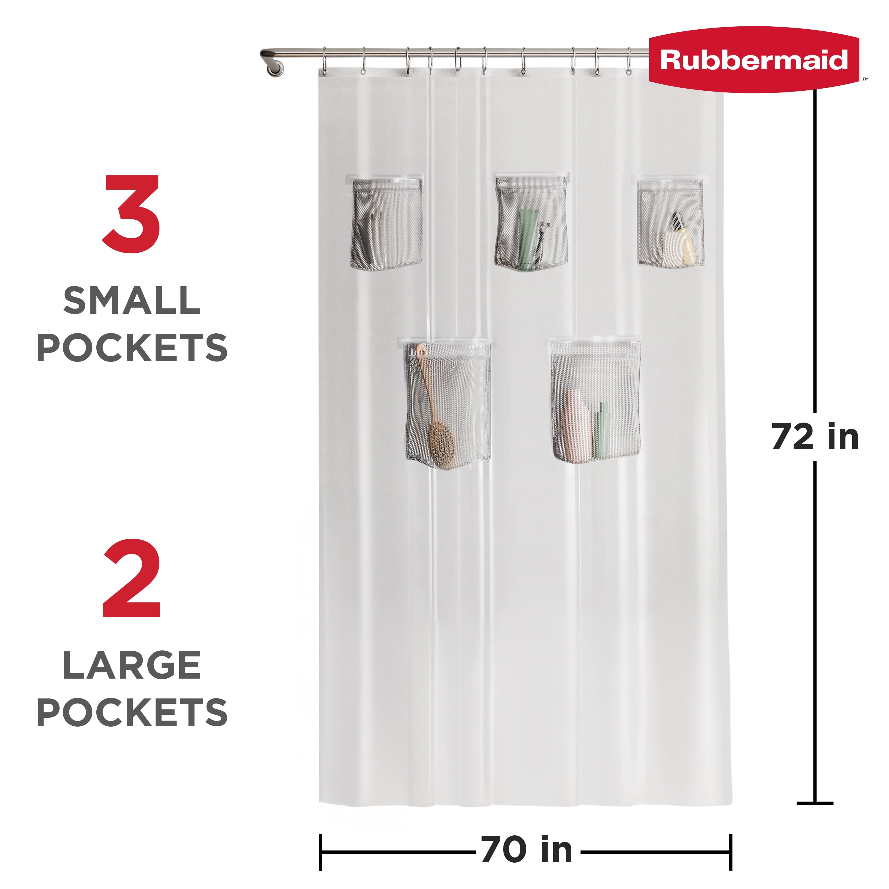 Rubbermaid Clear Heavyweight Waterproof PEVA Shower Curtain Liner with Storage Pockets, BPA-Free, 70 x 72 Inches