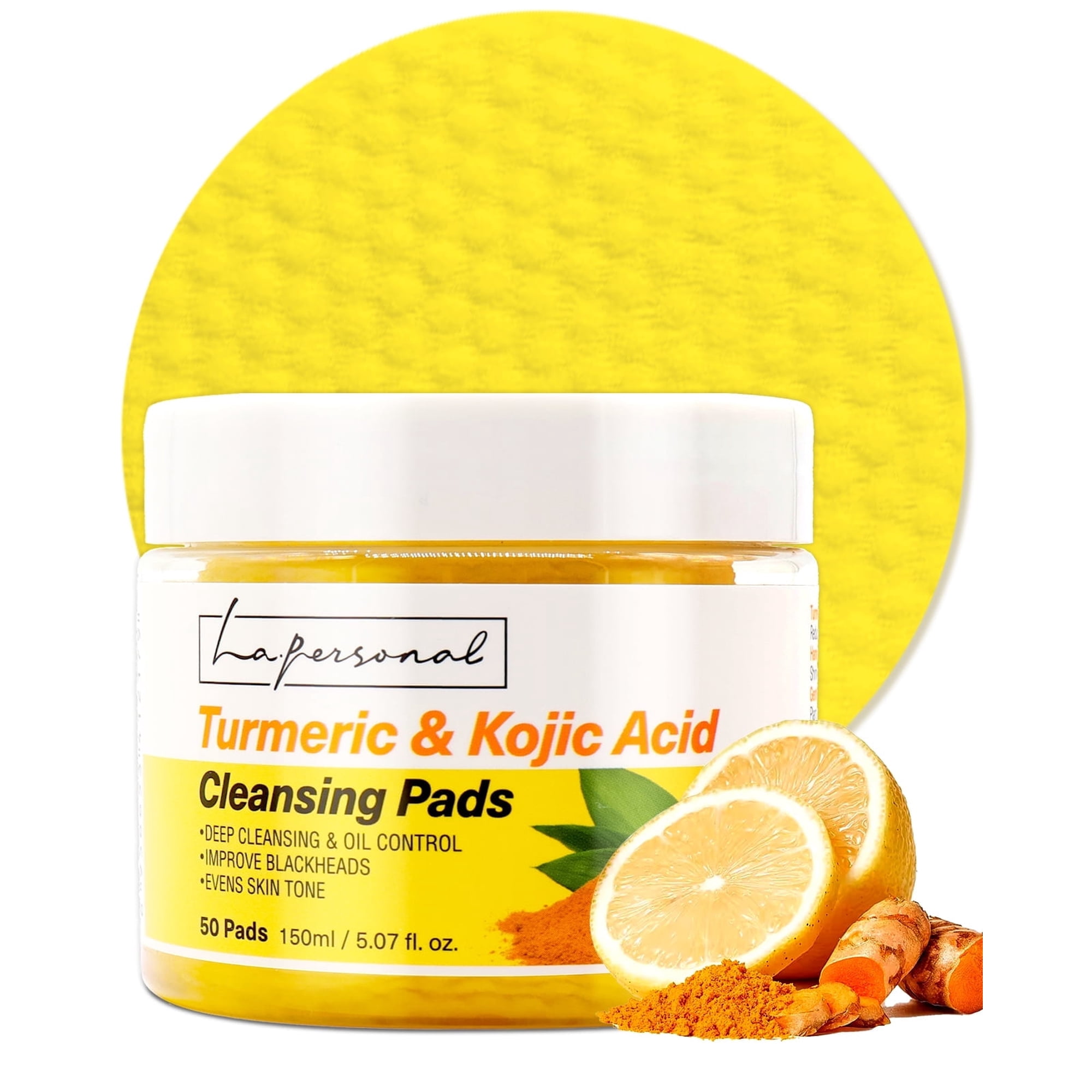 La.Personal Turmeric Kojic Acid Cleansing Pads - 3-in-1 Pore Cleanser, Makeup Remover, Exfoliator for Face and Body, 50 Pads
